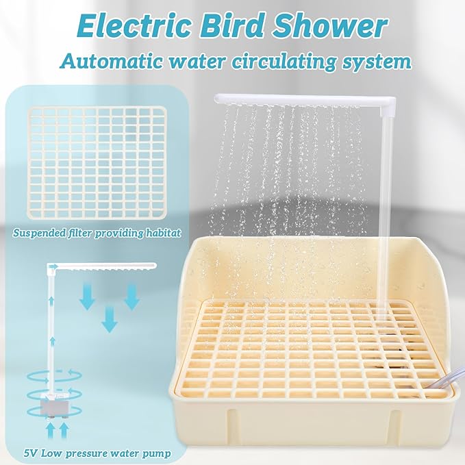 Automatic Bird Bath with Pump, Parrot Bathtub with Anti-Bite Cord Protector, USB Electric Large Bird Bathtub Circulating Water Bird Shower for Parakeet Cockatiel African Grey Lovebird(Beige)