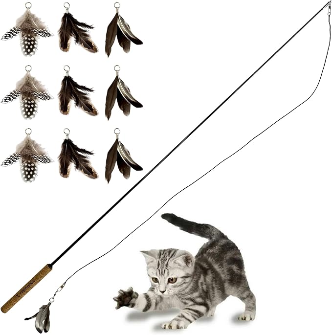 Forever Stick with 9 Feather Toy Lures - The Unbreakable Cat Wand Toy, Extra Long Durable Cat String Toy for Indoor Cats, Bored Indoor Adult Cats, Natural Feather Attachment Toy Lures Refill