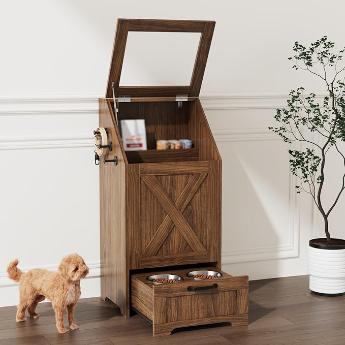 Dog Feeding Station with Storage Cabinet and 2 Elevated Dog Bowls, Hidden Pet Food Storage Organizer for Dog &Cat,Modern Dogs Furniture (Walnut)