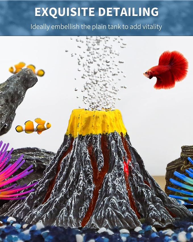 Uniclife Aquarium Volcano Ornament Kit Realistic Resin Volcanic Decoration with Air Stone Bubbler Colorful LED Light Decor for Fish Tank Landscape Addition and Oxygenation