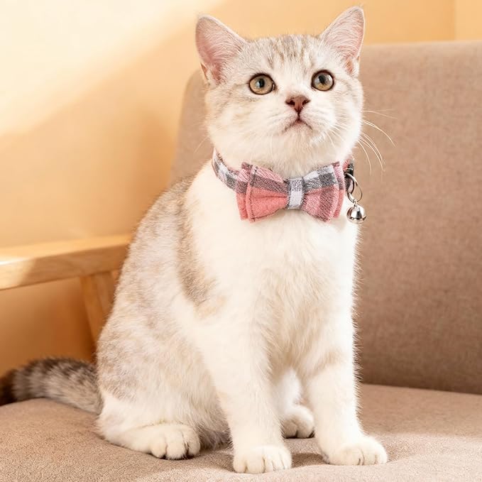 6Pcs Cats Bowtie Collar with Bell, Breakaway Cats Collars, Classic Plaid Kitten Cat Collars Adjustable Cat Bowtie Collar with Pendants for Quick Release for Small Pet