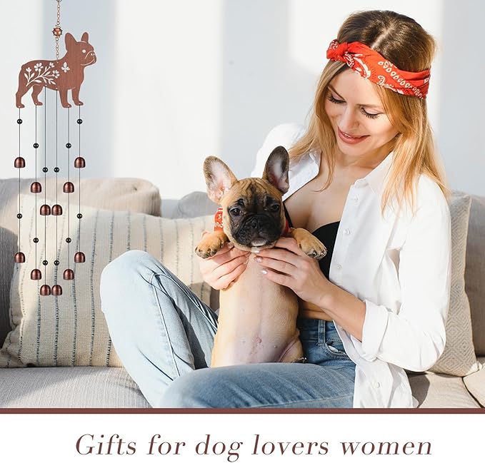 24 Inch Metal Wind Chimes Decor for Outside Garden Birthday Gift for Women Men Bronze Windchimes Pet Memorial Gift with 12 Bell for Patio Yard Lawn Housewarming Front Yard(French Bulldog)