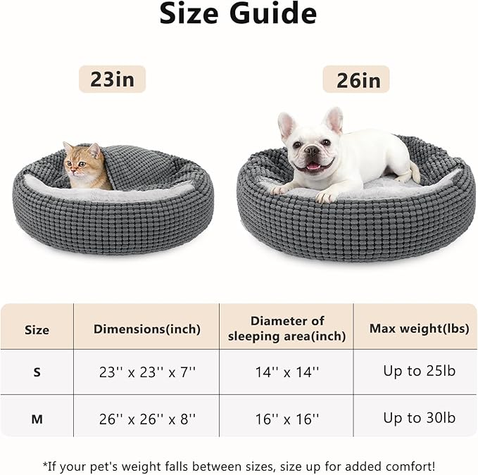 SIWA MARY Dog Bed with Attached Blanket for Small Dogs or Cats, Soft Plush Cozy Donut Cuddler Hooded Pet Beds Washable. Round Puppy Bed Orthopedic, Calming Cat Cave Bed. Anti-Slip Bottom 26inch