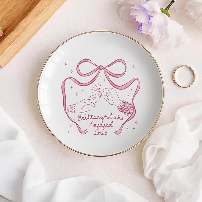 Custom Engaged Ring Dish - Personalized Bow & Rings Exchange Illustration Jewelry Tray, Engagement Trinket Holder Dish, Gifts for Newly Engaged Couple, Bride, Wife, or Bestie