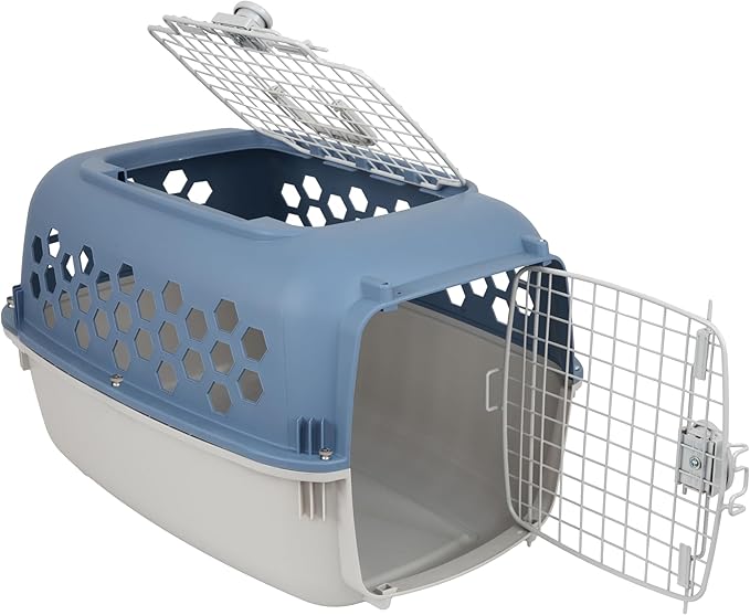 24" Pet Kennel Carrier for Small Dogs & Cats - Portable & Travel-Ready Two-Door (Top/Front Loading), Durable Blue Plastic