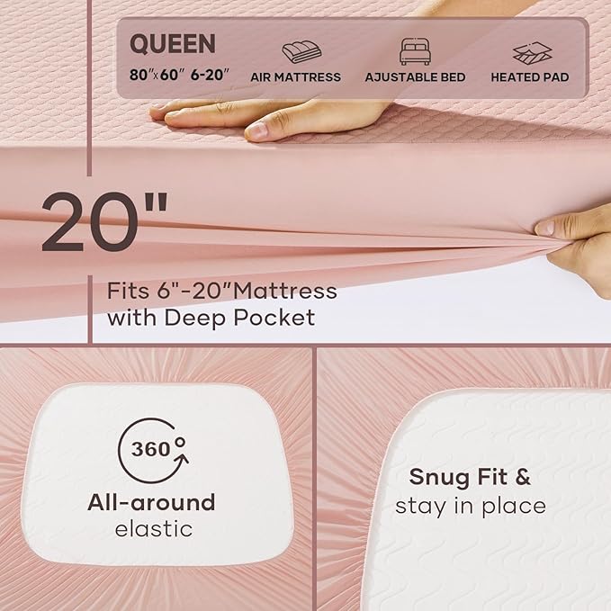 OhGeni 100% Waterproof Mattress Protector,Queen Size Mattress Soft Pad,Pet Hair & Bedwetting Resistant,Cooling Breathable Fitted Sheets,Washable Bed Cover,Non-Slip Deep Pocket,Noiseless,Pink