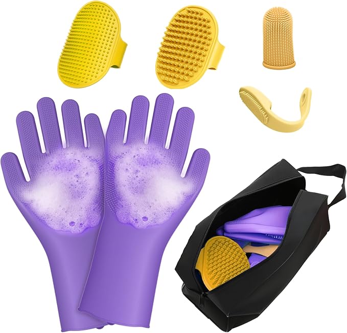 7PCS Dog Bath Brush | Pet Grooming Gloves | Storage Bag | Soothing Massage Rubber Comb with Adjustable Ring Handle | Pet Bathing for Dogs and Cats (Lavender Purple)