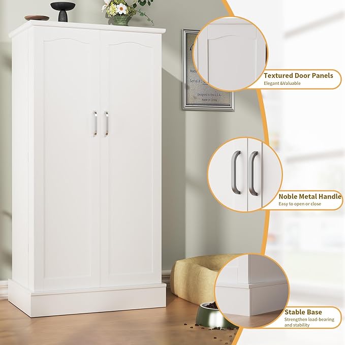47" Dog Food Storage Cabinet with Doors and Adjustable Shelves, Freestanding Pet Storage Container Organizer for Living Room and Dinning Room, White