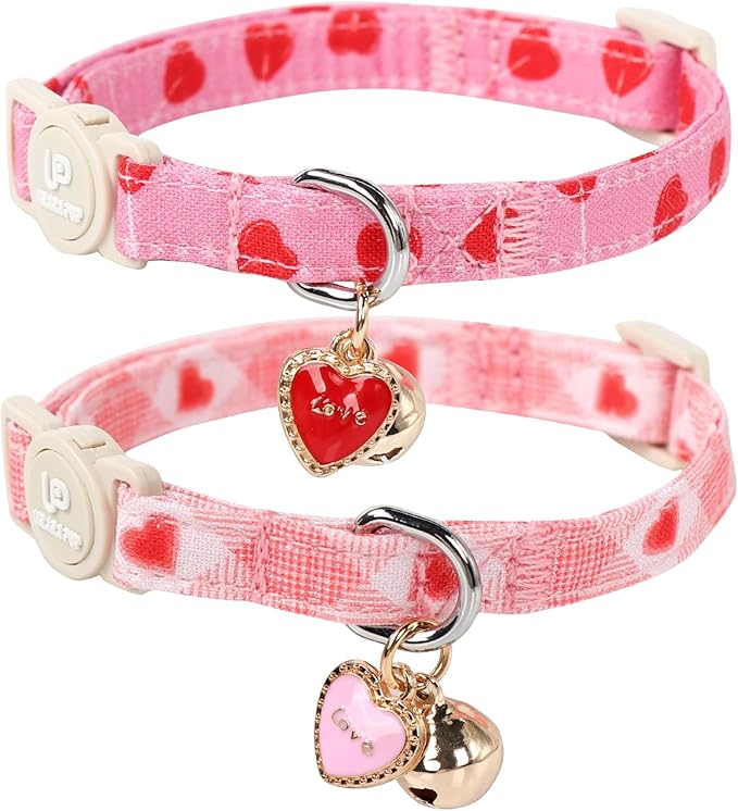 Cat Collar, 2 Pack Cat Collars-Cute Breakaway Cat Collar with Bell & Pendant, Valentine's Day Kitten Collars Pink Hearts with Safety Buckle for Girl and Boy Cats, 7-12Inch