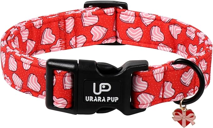 Valentine's Dog Collar, UP URARA PUP Pink Heart in Red Adjustable Pet Collar with Bowknot Charm, Wedding Dog Accessories for Small Medium Large Dogs
