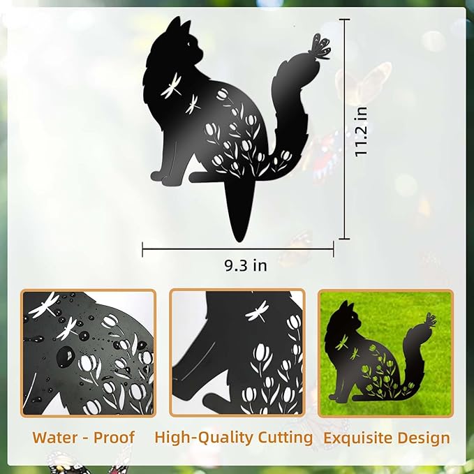 Bnesi Floral Long-Haired Cat Yard Decor Pet Grave Markers Metal Sign Silhouette Garden Ornament Pet Grave Markers Outdoor Cat Memorial Gift Flowerbed Decor (Elegant)