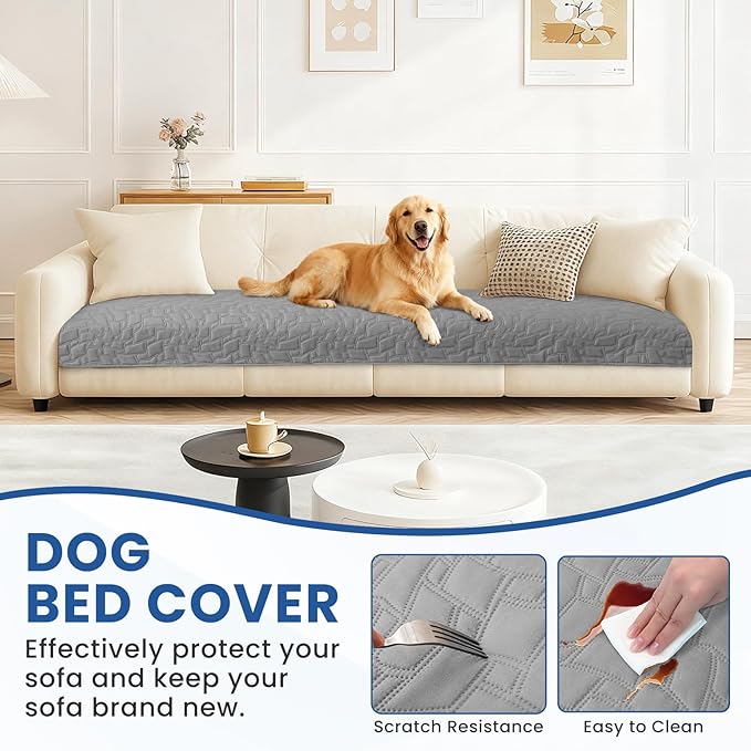 Waterproof Dog Blanket, Non-Slip Soft Pet Bed Cover, Couch Cover for Dogs Washable, Protects Sofa, Furniture, Crate, Car, Tear Resistant Leakproof Pet Blanket (82x82 Inch, Light Grey)