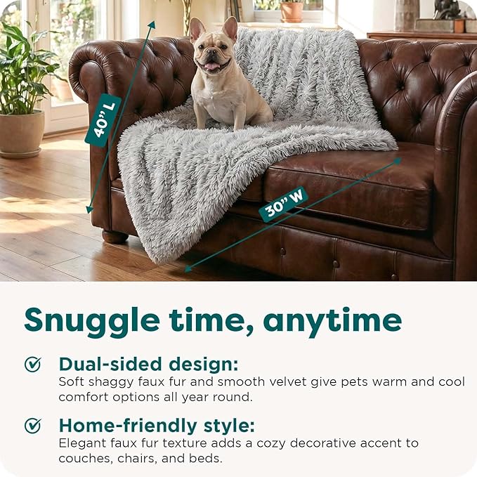 Furhaven Waterproof Throw Blanket for Dogs & Indoor Cats, Washable - Shaggy Plush Calming Long Faux Fur & Velvet Dog Blanket - Mist Gray, Medium