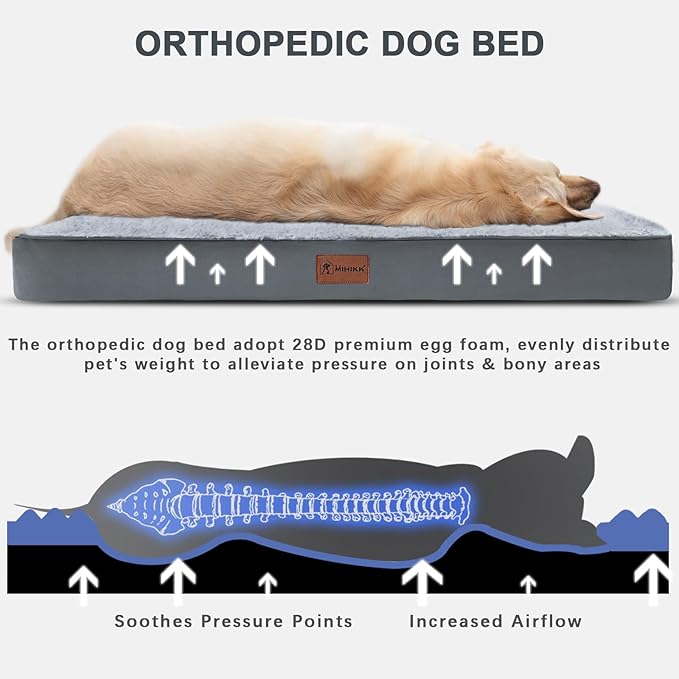 MIHIKK Waterproof Dog Beds Large Sized Dog Orthopedic Dog Beds for Crate with Removable Washable Cover Egg-Crate Foam Pet Pad Mat with Anti-Slip Bottom, 36x27 Inch, Grey