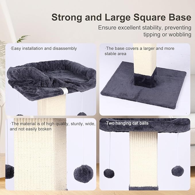 34" Cat Scratching Post for Indoor Cats, Sisal Cat Scratcher with Large Plush Perch, Vertical Posts with Elevated Bed and with Two Dangling Balls, Removable & Washable Cover, Dark Grey