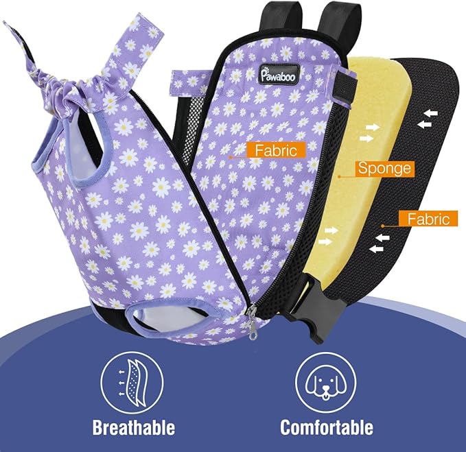 Pawaboo Pet Carrier Backpack, Adjustable Pet Front Cat Dog Carrier Backpack Purse Travel Bag, Legs Out, Easy-Fit for Traveling Hiking Camping for Small Medium Dogs, Small, Black & Purple Daisy