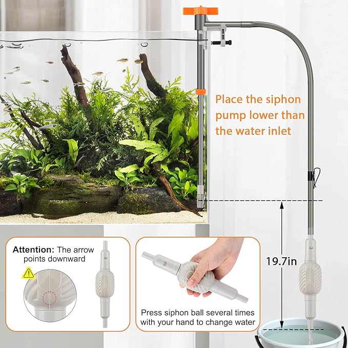 AQQA Aquarium Siphon Vacuum Cleaner Kit with 3 Replaceable Heads, Extra 2-in-1 Algae Scraper Cleaning Brush, Manually Siphon Ball Water Changer, Extendable Length to 38.2In for Fish Tank Cleaning (M)