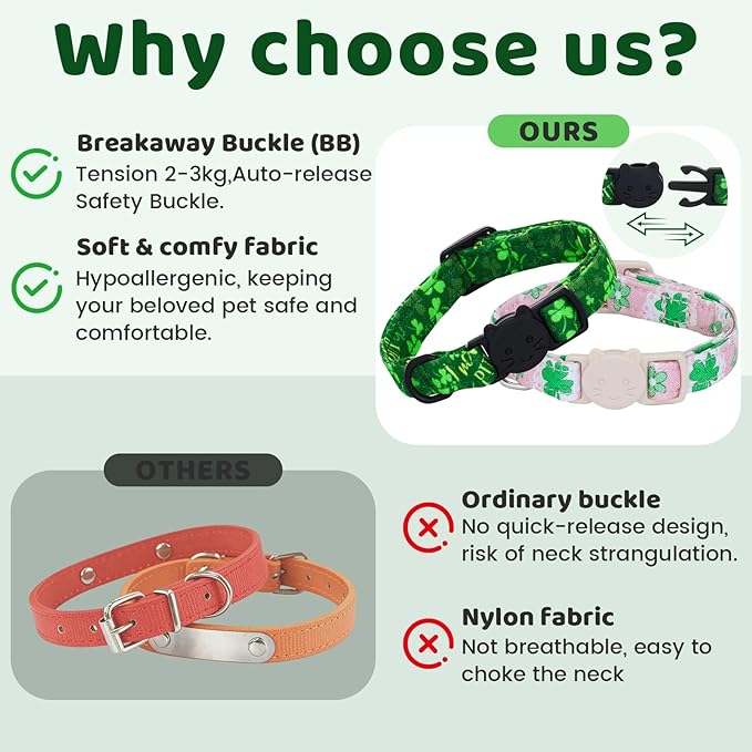 St. Patrick's Cat Collar-2 Pack Collars Pink and Green Four-Leaf Clover&Trefoil Print Breakaway with Kitten and Bell Pendant Safety Buckle Adjustable Pet Collar for Cats and Small Pets