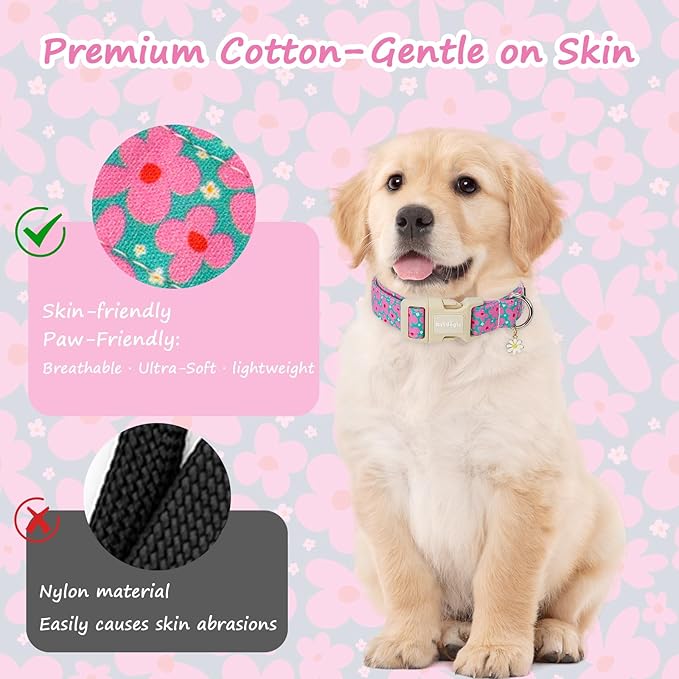 Cotton Floral Dog Collar,Green Dog Collar with Pink Flower, Adjustable Puppy Dog Collars for Small Medium Large, Cute Girl or Boy Dog Collar Ideal for Gifts,Pet Accessory,S