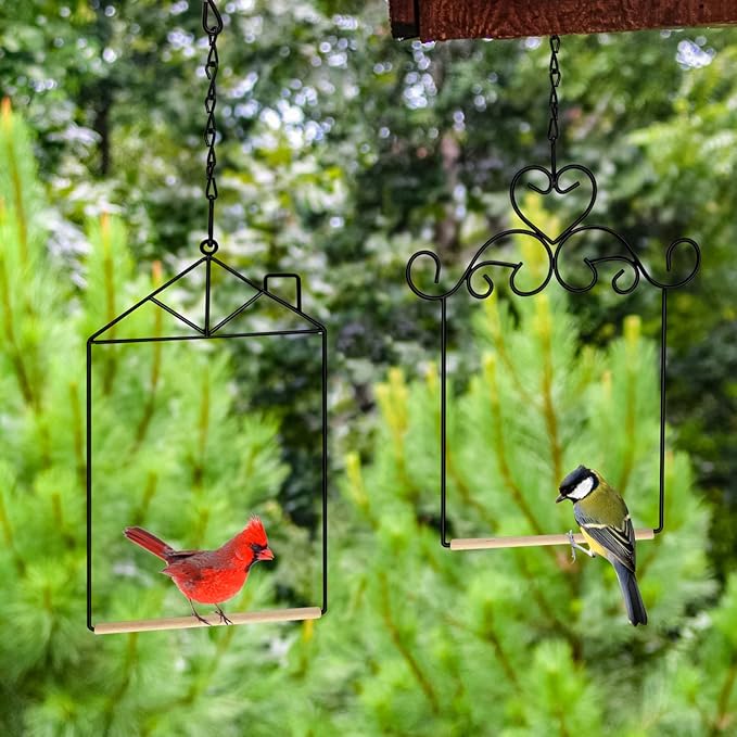 3PK Metal Frame Hummingbird Swings and Perches with Wooden Dowel Black Bird Swing Outdoor Bird Perch Humming Bird Swing