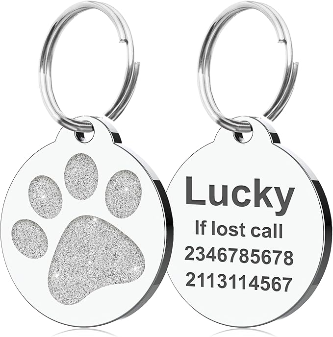Dog Tags Personalized for Pets Dog Name Tags Personalized Dog Tag Engraved with Any Name & Text Custom Dog ID Tags Glitter Bone ID Tag for Puppy Cat (Silver-Round, L)