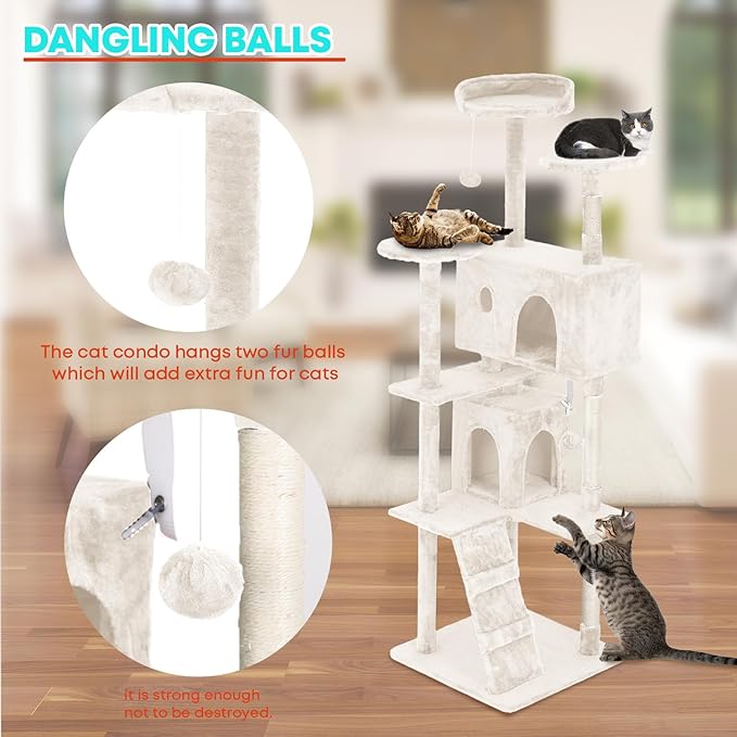 FDW | 70" Cat Tree Tower | Beige | Multi-Level Indoor Activity Center with Sisal Scratching Posts, Condos, Plush Perches, Hanging Cat Toys | Sturdy, Easy to Assemble | for Kittens & Adult Cats