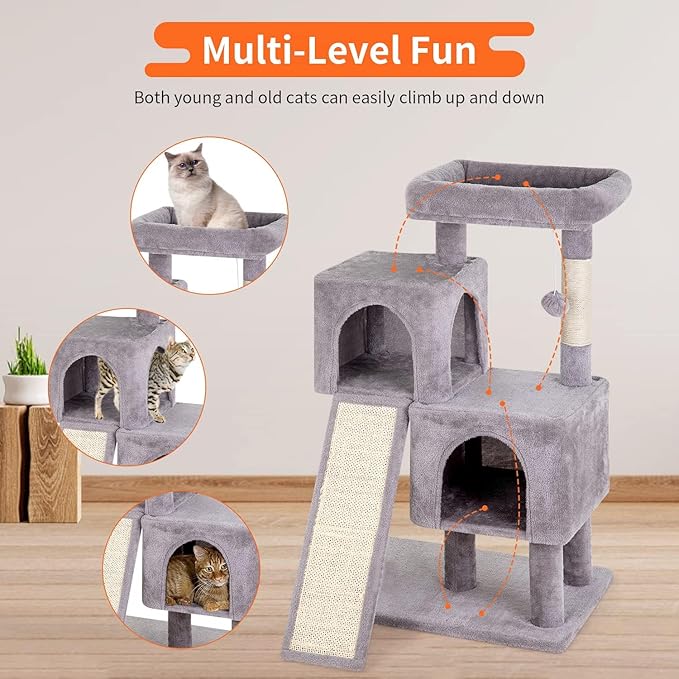 Cat Tree Tower, 36.4" Small Cat Tower for Indoor Cats with Cat Scratching Post with Bed, Cat Condo, Hang Ball, Multi-Level Cat Climbing Tower Cat Trees Cat Furniture Activity Center, Ashy