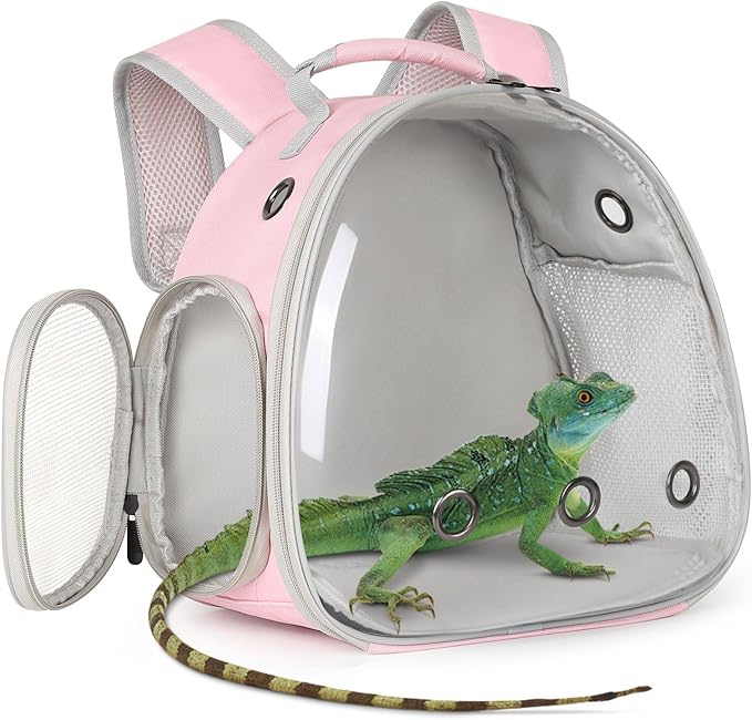 Hamster Backpack Carrier, Bearded Dragon Carrier Backpack with Clear Bubble Window,Small Animal Travel Backpack for Hedgehog Rat,Chameleon,Rabbit,Sugar Glider,Airline Approved (Pink, Backpack)