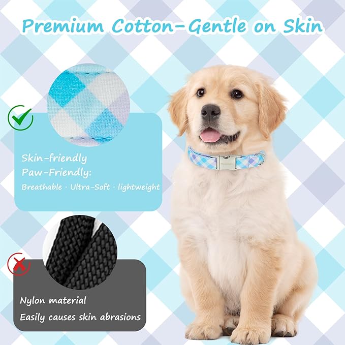 Cotton Collar for Dog，Soft Adjustable Dog Collars for Large Dogs, Cute Dog Collar with Blue & White Plaid for Small Medium Large Dogs, Perfect for Girl or Boy Dog Collars-L