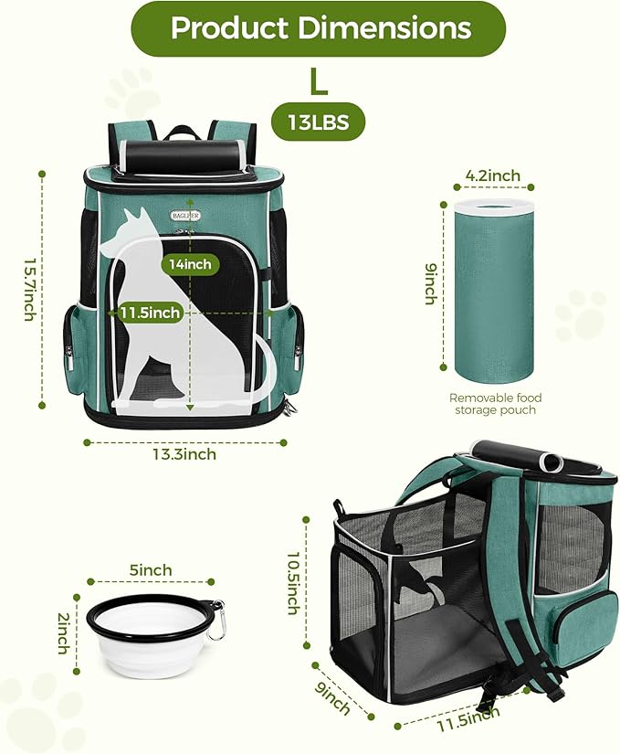 BAGLHER Expandable Cat Carrier Backpacks, Retractable Pet Carrier Backpack for Small Dogs & Cats with Breathable Mesh, Travel Bag Up to 18 Lbs for Hiking Camping Outdoor - Green