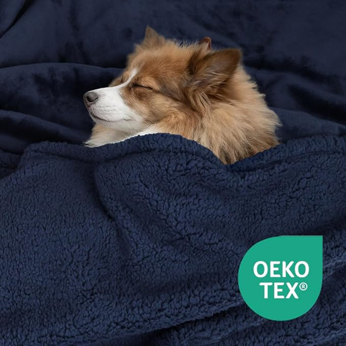 Waterproof Dog Blanket for Large Dogs - Reversible Washable Pet Blanket, Soft Sherpa Fleece Furniture Protector, Cat Throw Bed Couch, Navy, 60"x80"