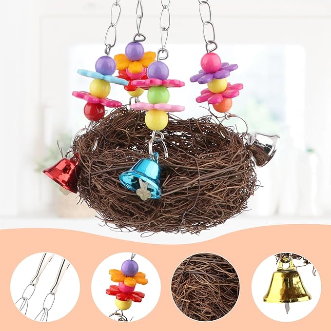 Hypeety Natural Rattan Nest Bird Swing Toy Colorful Flowers Bells for Budgie Parakeet Finch Lovebird Cockatiel (C)