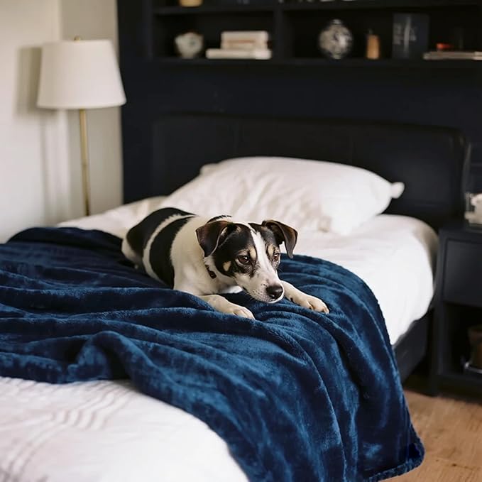 gogobunny Waterproof Bed Blanket, Reversible Sherpa Fleece Throw Blanket for Dog Puppy Cat, Furniture Cover Protects Bed Couch Sofa from Liquid Pee and Pet Fur (Navy Blue, 90x90 inches)