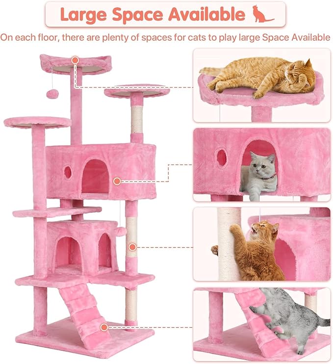 54in Cat Tree Cat Climbing Tower with Scratching Post, Cats House Perch Kitten Tree Condo Wood Playhouse, Pet Trees Tower for Indoor Cats, Pink
