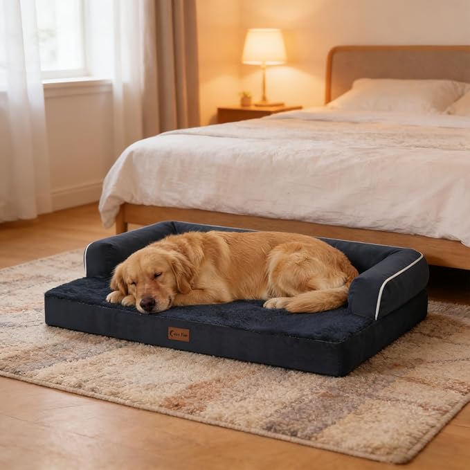 Orthopedic Dog Beds for Extra Large Dogs, Waterproof Egg Crate Foam XL Dog Bed with Sides 41x27Inch, Washable Big Dogs Couch Beds with Removable Cover and Nonskid Bottom, Navy Blue