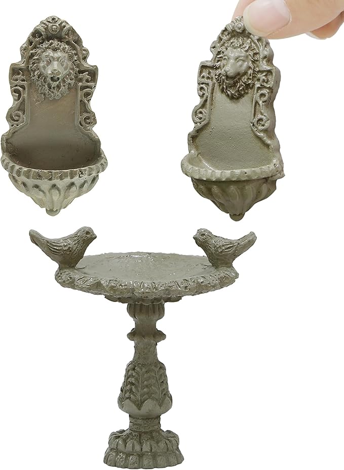 iLAND 1/12 Scale Fairy Garden Accessories Outdoor Miniature Birdbath Fountain & 2 Lion Wall Reliefs Mini Ornaments for Garden Dollhouse Décor Dollhouse Accessories