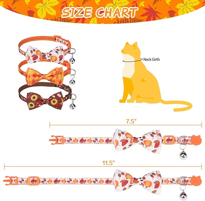 SCENEREAL Fall Thanksgiviing Cat Collar Breakaway Girl Boy, 3 Pack Turkey Pumpkin Pattern Adjustable Kitten Collars with Bell, Holiday Cute Cat Collars with Bowtie and Safety Buckle