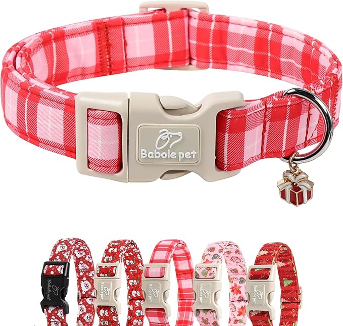 Plaid Dog Collar - Cute Red and Pink Plaid Puppy Collar with Safety Buckle, Soft Adjustable Holiday Dog Collars for Small Medium Large Dogs XS