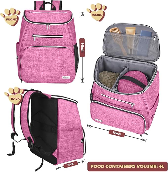 BAGLHER丨Dog Travel Bag Backpack, Airline Approved Pet Supplies Backpack, Dog Travel Bag with 2 Silicone Collapsible Bowls and 2 Food Baskets Pink