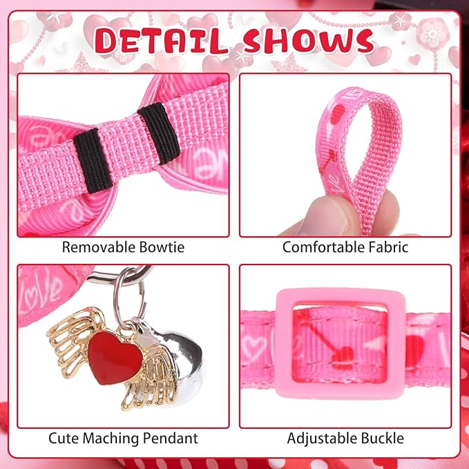 KOOLTAIL Pink Cute Cat Collars Breakaway with Bowtie and Bells, 3 Pack Girl Kitten Collars, Adjustable Safety Buckle Heart Charm Pendant Pet Collars for Kitty Boys Girls Cats Holiday