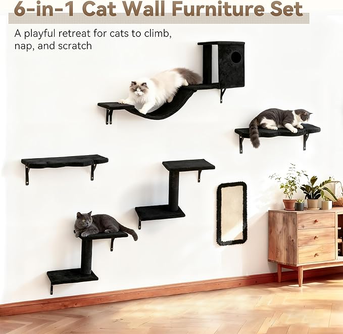 6-in-1 Cat Wall Shelves, Wall-Mounted Cat Furniture for Indoor Kittens, Modern Floating Shelves with Scratching Posts, Bed, Perch, Bridge, Condo, Steps and Scratcher, Space-Saving Gym, Black