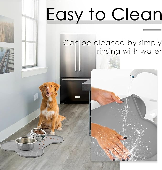 Super Design Dog Food Mat Dog Bowl Tray for Food and Water, Silicone Non-Spill Waterproof Pet Feeding Mat Puppy Placemat Easy-Clean, 20.5" x 14.5", Grey