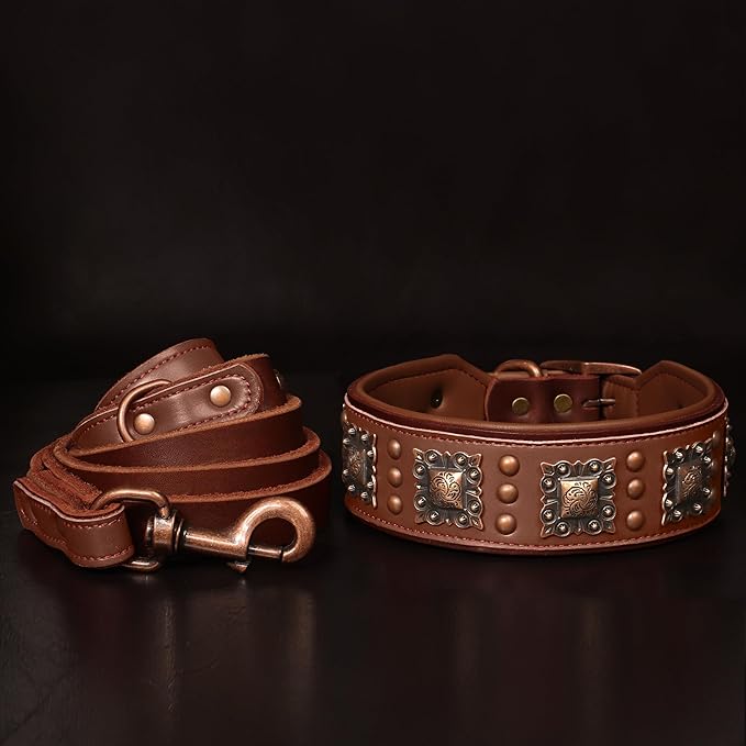 PET ARTIST Soft Padded Leather Dog Collar, 2 inch Wide Genuine Leather Dog Collars with Stylish Studded Rivet & Metal Buckle, Luxury & Adjustable Pet Collars for Medium Dogs,Brown,Neck 16-19"