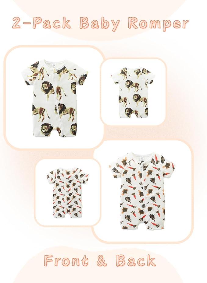 Unisex Summer Trendy 2-Pack Rompers Short Sleeve Zipped Bodysuit Infant Cotton Outfits
