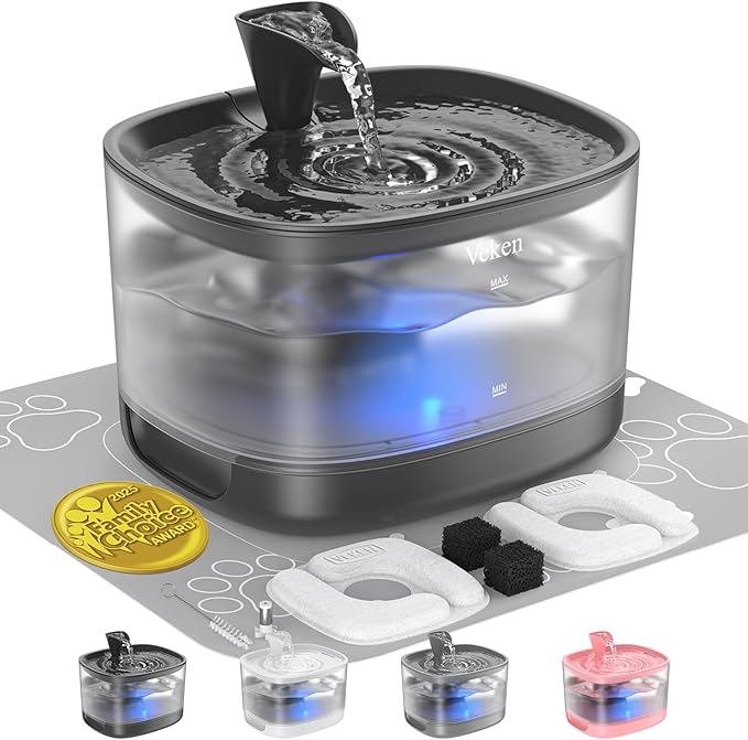 Veken Cat Water Fountain with Detachable Tank, Easy to Clean & Assemble, 84oz/2.5L Pet Drinking Dispenser with Quiet Operation & LED Light, Gifts, Cats, Dogs and Small Pets, Black