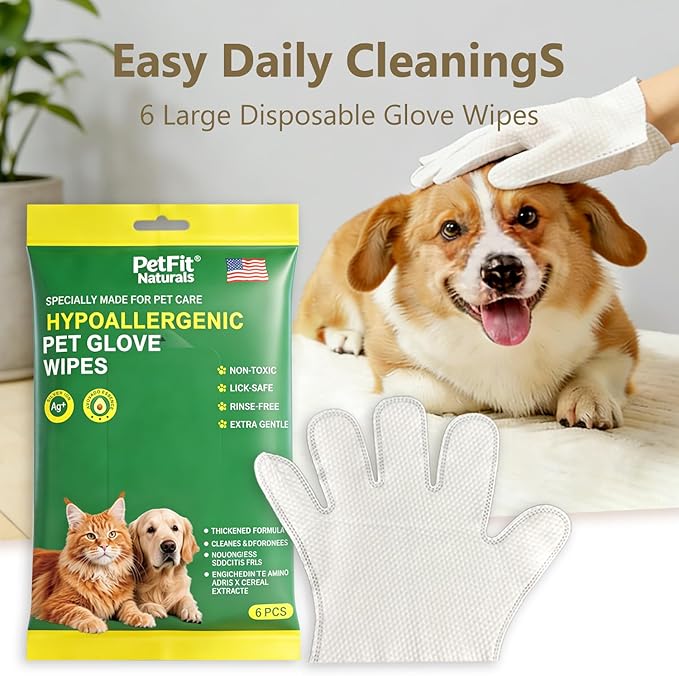 5-Finger Pet Grooming Glove Wipes - Extra Thickened Waterless Bath for Dogs & Cats - Deodorizing & Hypoallergenic Rinse-Free Cleansing for Post-Surgery, Travel, or Senior Pets (6pcs)
