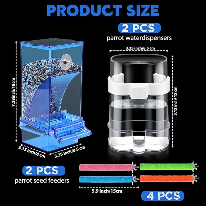 Yaomiao 8 Pcs No Mess Small Bird Feeders with 4 Pcs Cage Perch Automatic Drinker Parakeet Seed Dispenser Quail Feeder and Watered Cage Accessories for Small Birds Parrot Cockatoo Canary(Blue)