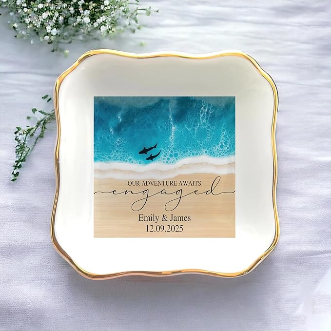Personalized Beach Ring Dish Engagement Gift, Our Adventure Awaits Engaged Trinker Holder, Jewelry Tray Gifts for Newly Engaged Couple, Anniversary Wedding Gift for Her Bride