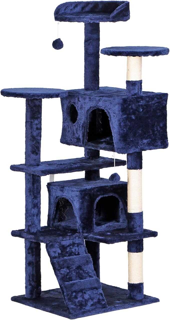 Multi-Level Cat Tree Tower with Condos, 54" Tall Cat Activity Center with Plush Perches and Toys, Space Saving Pet Playhouse for Kittens and Cats (Blue)
