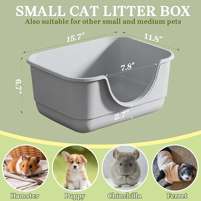 2 Pack Low Entry Small Litter Box for Kittens, Kitty Plastic Litter Boxes, Open Top, Anti-Splash High Sided Litter Tray Pan for Medium Pets, Puppy, Easy to Clean, 15.7" L*11.8" W*6.7" H (Grey)